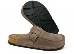 Scholl Bora Moccasin taupe brun läder anatomisk biosandal fotriktig