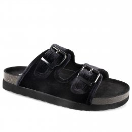 Sköna Marie Adele Biosandal mörkgrön svart black sammet fotriktig kork läder