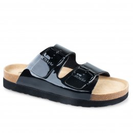 Sköna Marie Nikita Biosandal svart black högblank lack fotriktig kork läder