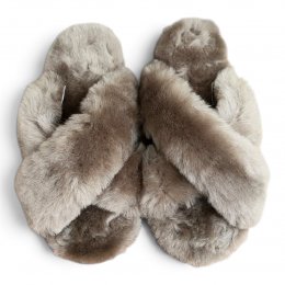Woollies Fårskinnstofflor Slip-On cross luxe stone grå brun päls fårull slipin slipon