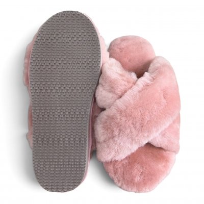 Woollies Fårskinnstofflor Slip-On cross luxe stone rose rosa päls fårull slipin slipon