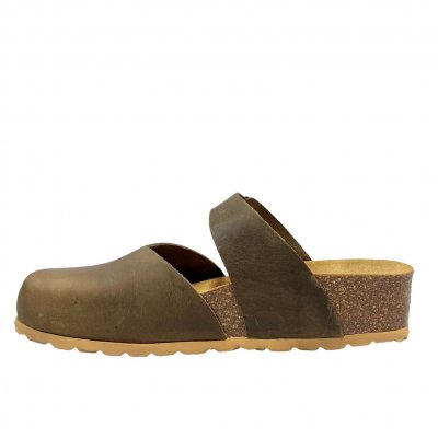 axelda mya slipin sandal läder memoryfoam komfortsandal mjuk anatomisk arbetssko mörkbrun khaki täckt tå