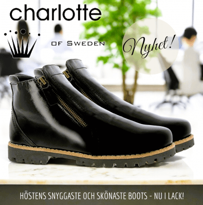 charlotte of sweden chelsea boots black svart lack grov sula resår zipper känga dam skinn dragkedja urtagbar fotbädd mjuk