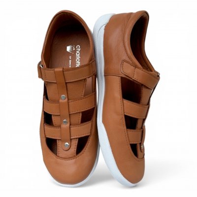 charlotte of sweden sandalsko sneaker mjukt skinn urtagbar sula fotriktig kardborre cognac brun natur