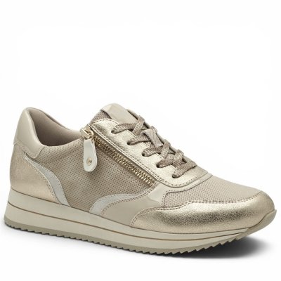 Jana somon Soft Line Sneaker med Rymlig Läst gold guld beige vegan h-bredd komfort memoryfoam textil damsko fotriktig