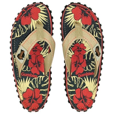 Gumbies classic islander Flip-Flops Unisex denim röd blå hibiscus blå blommor dam herr tåsandal sommar tyg gummisula sandal