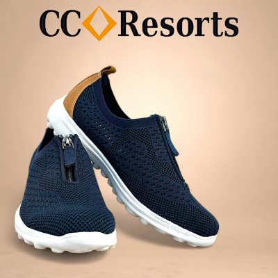 CC Resorts Stride Casual med Dragkedja / Navy Tan lågsko mocka mesh memoryfoam beige marinblå