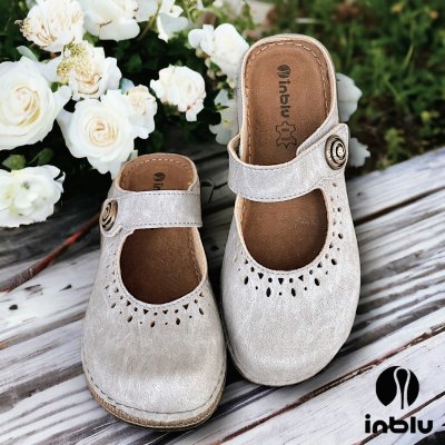 Inblu clog dam sandal skinn lätt stabil bekväm fotriktig täckt tå hålmönster