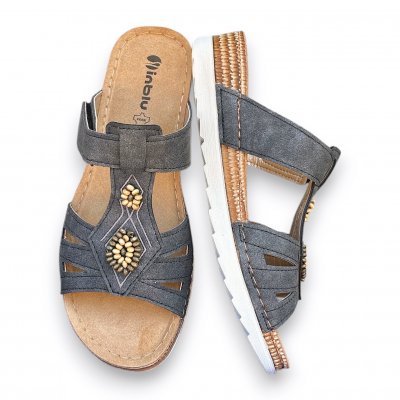 Inblu slipin sandalett dam läder lätt stabil bekväm fotriktig black svart guld