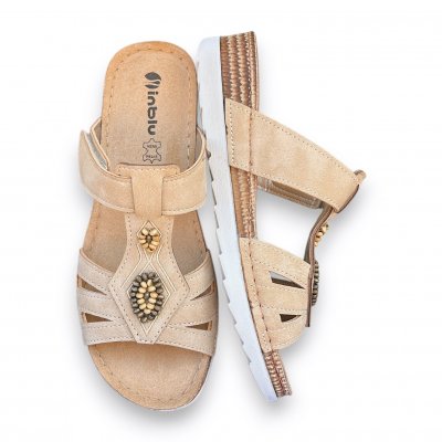 Inblu slipin sandalett dam läder lätt stabil bekväm fotriktig sand beige ljusbrun kräm
