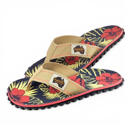 Gumbies classic islander Flip-Flops Unisex denim röd blå hibiscus blå blommor dam herr tåsandal sommar tyg gummisula sandal