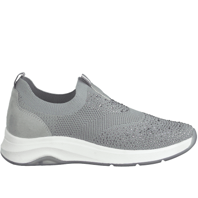 Jana letti Sneaker Slip-On ljusgrå light grey silver stenar dekor pärlor rymlig läst tygsko fotriktig komfortsko