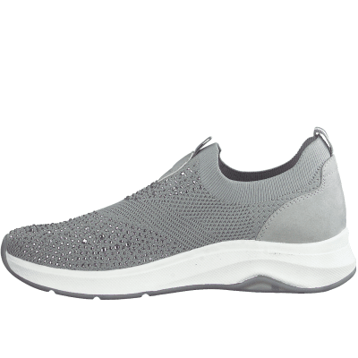 Jana letti Sneaker Slip-On ljusgrå light grey silver stenar dekor pärlor rymlig läst tygsko fotriktig komfortsko