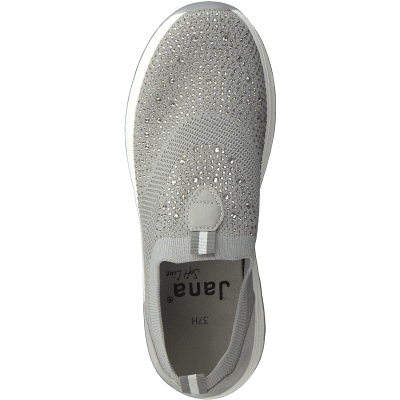 Jana letti Sneaker Slip-On ljusgrå light grey silver stenar dekor pärlor rymlig läst tygsko fotriktig komfortsko