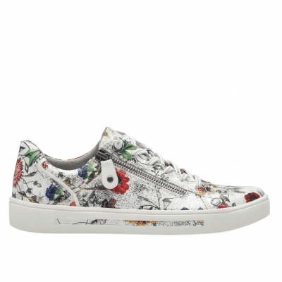 Jana sitane Soft Line Sneaker med dragkedja Rymlig Läst vit blommig white flower vegan h-bredd komfort memoryfoam skinn d