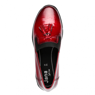 jana softline eloq lågsko loafer resår kilklack röd lack tassel fotriktig foam mjuk fotbädd urtagbar fire patent