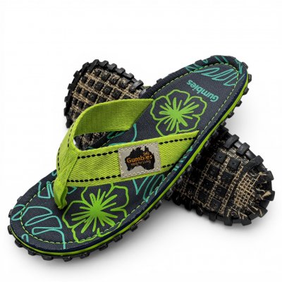 Gumbies classic islander Flip-Flops Unisex lime grön blå hibiscus blå blommor dam herr tåsandal sommar tyg gummisula sandal
