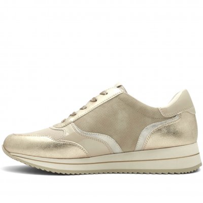 Jana somon Soft Line Sneaker med Rymlig Läst gold guld beige vegan h-bredd komfort memoryfoam textil damsko fotriktig