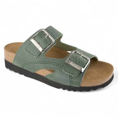 scholl moldava skinn mocka bio adapta sandal komfortsandal mjuk kork anatomisk arbetssko dam dark green mörkgrön