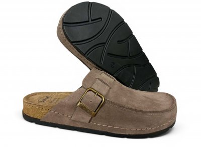 Scholl Bora Moccasin taupe brun läder anatomisk biosandal fotriktig