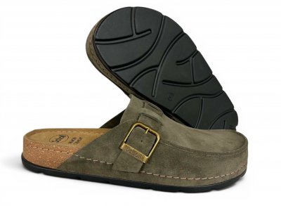 Scholl Bora Moccasin olive grön läder anatomisk biosandal fotriktig