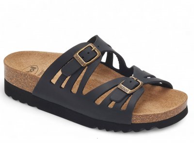 scholl ystad skinn mocka bio adapta sandal komfortsandal mjuk kork anatomisk arbetssko dam black svart