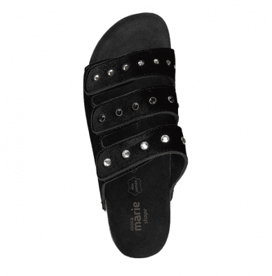 sköna marie nyx biosandal svart strass nitar stenar tyg mocka kork
