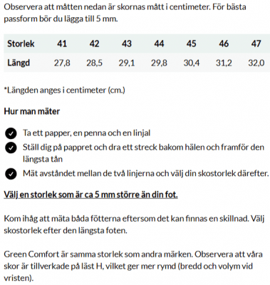 Storlekstabell innermått green comfort
