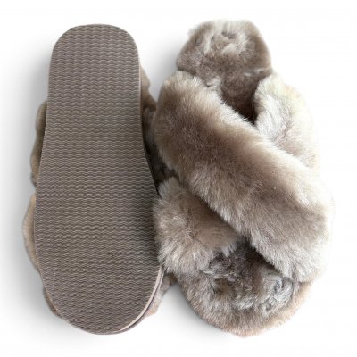 Woollies Fårskinnstofflor Slip-On cross luxe stone grå brun päls fårull slipin slipon