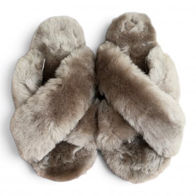 Woollies Fårskinnstofflor Slip-On cross luxe stone grå brun päls fårull slipin slipon