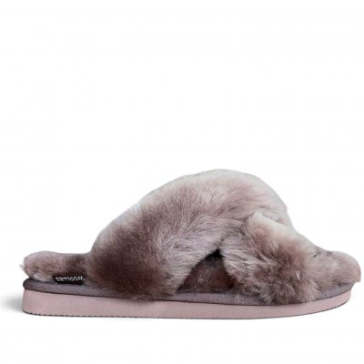 Woollies Fårskinnstofflor Slip-On cross luxe stone grå brun päls fårull slipin slipon