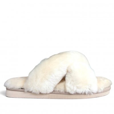 Woollies Fårskinnstofflor Slip-On cross luxe stone kräm beige ljus päls fårull slipin slipon